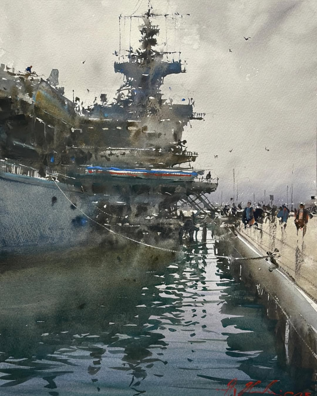 Masterful! @josephzbukvic Repost from @josephzbukvic•Demonstration at SDWS, a local icon, Midway aircraft carrier. Enjoyed painting something different... #danielsmith #danielsmithartistsmaterials #danielsmithwatercolors  #watercolors #nevergiveup #beoriginal #pleinairpainting