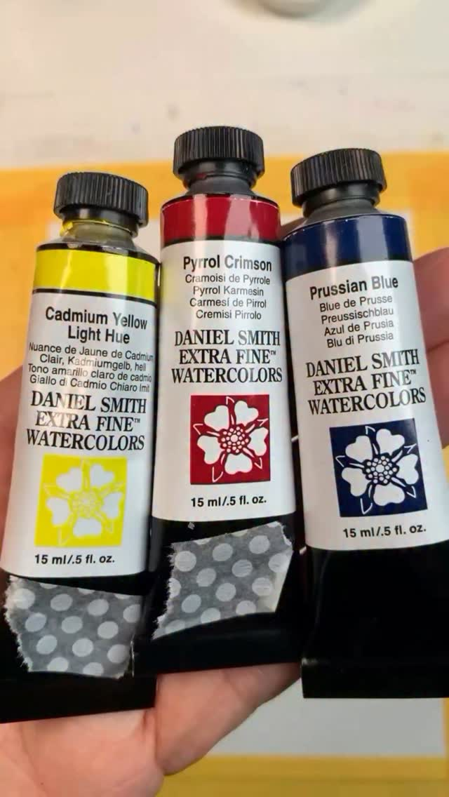 @sabine464_watercolor_artist  we love the new triad selection! Thanks for sharing.#repost @sabine464_watercolor_artist FEELfreewith3TRIADFEELfreewith3TRIADHere is a TriadFrom the colours:- Cadmium Yellow Light Hue- Pyrrol Crimson- Prussian BlueYou can mix beautiful different shades of yellow and orange.From May green to forest green and a beautiful violet, this palette shows wonderful brown tones and a charming grey. Very suitable for painting landscapes, a strong colour for flowers, I will try my hand at a peony with these colours.I always use the mixing palette on Wednesdays and the finished painting on Thursdays. You can paint almost anything with it. Landscapes and still lifes. Are you interested in watercolours?You want to learn to mix.Do you enjoy watercolour painting and want to learn something new?Then follow me —> @sabine464_watercolor_artist#feelfreewith3 Hier ein TriadAus den Farben:- Cadmium Yellow Light Hue- Pyrrol Crimson- Prussian BlueDaraus lassen sich wunderschöne verschiedene Gelb und Orange Töne mischen.Von Maigrün bis Waldgrün und ein wunderschönes Violet.Diese Palette zeigt wunderbare Brauntöne sowie ein charmantes Grau. Sehr gut geeignet um Landschaften zu malen , eine starke Farbe für Blumen, ich werde mich an einer Pfingstrose mit diesen Farben probieren.Immer Mittwochs die Mischpalette und am Donnerstag das fertige Bild daraus. Damit lässt sich fast alles malen. Landschaften und Stilleben. Dich Interessieren Aquarellfarben?Du willst Mischen lernen.Du hast Lust am Aquarellieren und möchtest Neues dazu lernen.Dann folge mir ——> @sabine464_watercolor_artist#danielsmith #danielsmithwatercolors #danielsmithartistsmaterials #watercolor