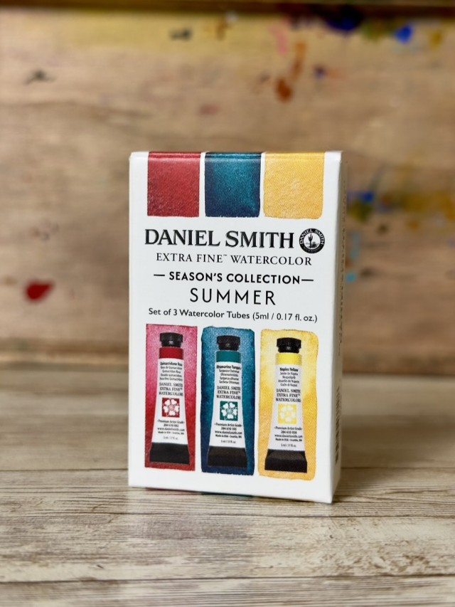 Summer – 5ml Watercolor Triad Tube SetBask in the warm, glowing colors of summer. The luminous Quinacridone Rose and breezy Ultramarine Turquoise balance beautifully with creamy Naples Yellow, capturing the essence of sun-drenched days, tropical waters, and carefree summer sunshine.Quinacridone Rosehttps://danielsmith.com/color-stories/watercolors/quinacridone-rose-watercolor/Ultramarine Turquoisehttps://danielsmith.com/color-stories/watercolors/ultramarine-turquoise-watercolor/Naples Yellowhttps://danielsmith.com/color-stories/watercolors/naples-yellow-watercolor/Learn more https://danielsmith.com/product/tube-sets/summer-5ml-watercolor-triad-tube-set/