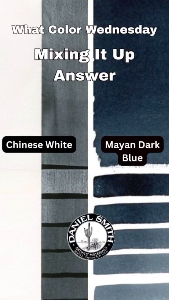 What Color Wednesday: Mixing It Up Answer!Did you guess it right?Chinese White + Mayan Dark BlueDo you use Mayan Dark Blue? ☺️ How do you use this beautiful color? We’d love to see how you mix it up! Tag us or share your favorite color combos in the comments below.Mayan Dark Bluehttps://danielsmith.com/color-stories/watercolors/mayan-dark-blue-watercolor/Mayan Dark Blue is darker and warmer than Mayan Blue Genuine. Mix it with Mayan Orange to make a fantastic array of subtle grays and violets for colorful, complex shadows. Rich, bold colors adorned the murals and sculpture of the Mayan people. Even when exposed to centuries of severe heat and humidity, these colors have hardly faded over a thousand years. Now, using methods derived from ancient Mayan chemistry, these unique, metal-free pigments have been recreated using an eco-friendly process. Their versatility, durability and exquisite hues make them colors you’ll reach for again and again.Chinese Whitehttps://danielsmith.com/color-stories/watercolors/chinese-white-watercolor/Forbidden by purists, Chinese White is much more than a repair patch. This semi-transparent, pure white offers excellent permanency and a medium-high tinting strength. It’s great for lightening other colors. Drop and spatter Chinese White into a damp gray wash to describe the moist, mushy snowfalls of the Pacific Northwest’s coastal lowlands. Try a brushload of Chinese White where water’s edge meets snowbanks to indicate melting. For field flowers in spring meadows, a touch of Chinese White into Carbazole Violet helps create clover and other wildflowers. And, of course, you can always use it to paint details and highlights! If the paint works, use it.#MixingItUp #WhatColorWednesday #danielsmithartistsmaterials #danielsmith