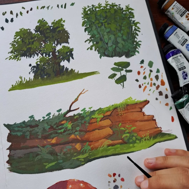 Stunning! @kiaraintheforest  we always look forward to your explorations with gouache.  Glad you are enjoying our GOUACHE line. Thanks for sharing your journey.Repost from @kiaraintheforest•This week’s gouache playtime 🌱🍄 using @danielsmithartistsmaterials and the last page in my sketchbook. Swipe —> to see some process steps. Colors used: Yellow Ochre, Ultramarine Blue, Pyrrol Red, Pyrrol Orange, Lavender, Viridian, Spring Green, Burnt Sienna#gouache #danielsmith #danielsmithgouache #danielsmithartistsmaterials