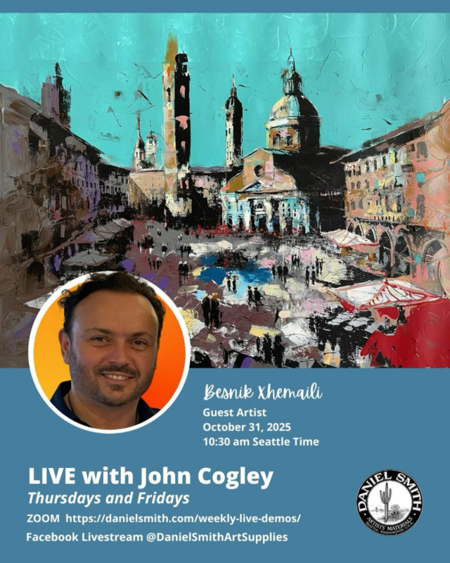 Connecting live this Friday- Oct. 31 from Kosovo is Brand Ambassador Besnik Xhemaili @besnikxhemaili 
Don’t miss the chance to connect, ask questions, and be inspired by his creative journey.
See you at Friday LIVE with John Cogley this week. 
Join us - link in bio or visit https://danielsmith.com/weekly-live-demos/
#danielsmith #danielsmithwatercolors #fridaylivewithjohncogley #danielsmithartistsmaterials