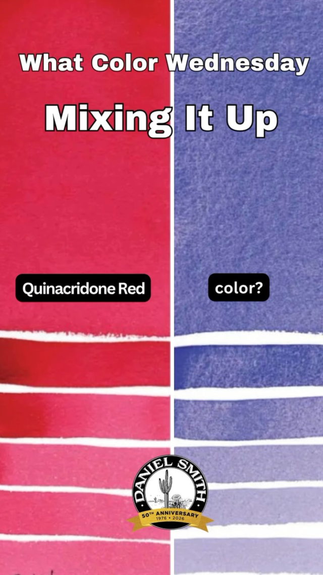It’s What Color Wednesday – Mixing It Up!Can you name the mystery color that mixes beautifully with Quinacridone Red? Drop your guess below ⬇️Answer revealed tomorrow!#danielsmith #danielsmithwatercolors #danielsmithartistsmaterials