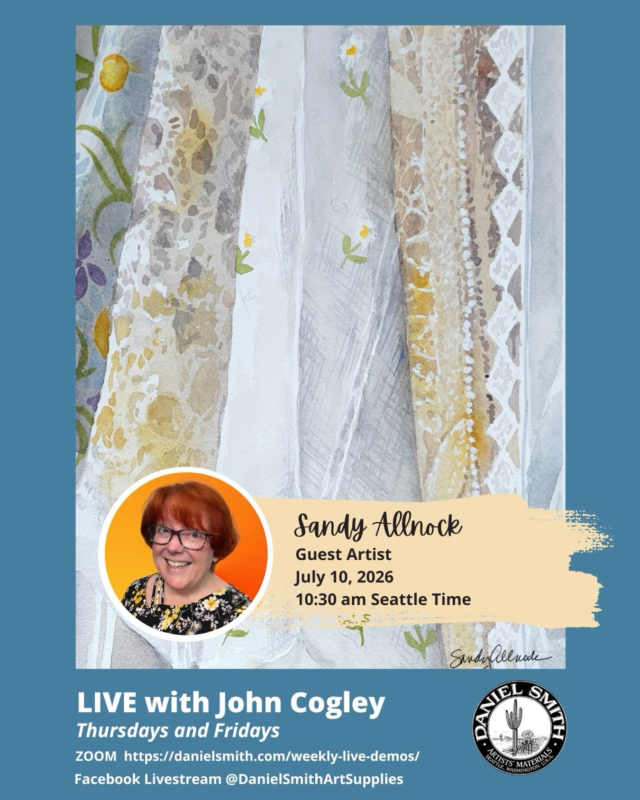 Guess who’s returning to Friday LIVE with John Cogley this week (July 10) ? We’re excited to welcome back Sandy Allnock! @sandyallnock @sandyallnockwatercolor From graphic designer to full-time artist and educator, Sandy has inspired countless artists with her joyful approach to watercolor and her love of exploring light, texture, atmosphere, and color. Her passion for creative discovery—and for the endless possibilities of DANIEL SMITH Watercolors—makes every LIVE session fresh, insightful, and inspiring.Join us live. Link in bio!#danielsmith #danielsmithartistsmaterials #danielsmithwatercolors